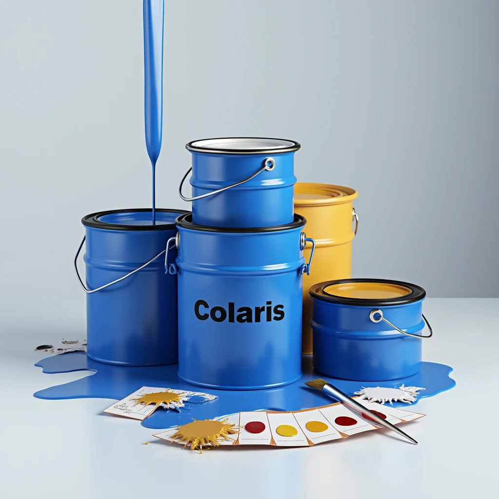 I want a background image for a website with gallons of dark blue paint with the words colaris written on them, stacked with the colors in the middle of the pot indicating the blue colors, putridity, yellow and a light gray background color, on the side
paint-brush