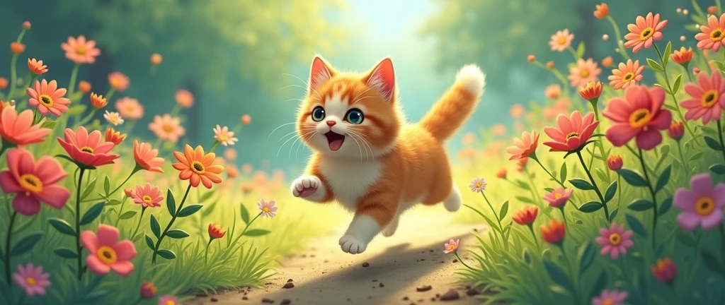 masterpiece,best quality, Kawaii A cat is running around happily in a flower garden., Studio Ghibli Inspired