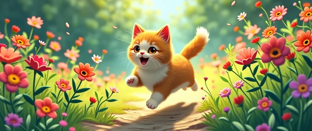 masterpiece,best quality, Kawaii A cat is running around happily in a flower garden., Studio Ghibli Inspired