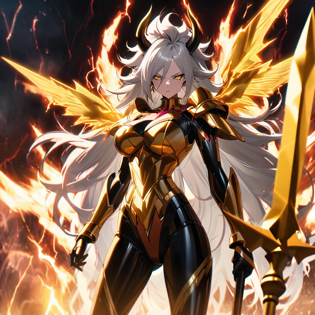 (((Golden Spear))), ((Lightning Power)), ((Electricity)), ((Fire Background)), (((android 21 Evil))), (((white Coat))), (((Darkness power))), ((())), luxury bustier corset, ((silver hair)), (((Very slim waist))), propotional body, ((Gorgeous)), ((gold wings)), masterpiece, hyperdetail, ambient effect, digital effect, (((Fire Spear))), (((Lightning Spear))), (((Fire Gold Armor))), ((Lightning Gold Wings)), ((Fire Demon Horns))