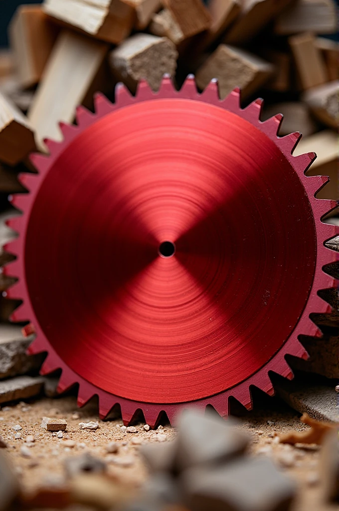 Red colour circular saw blade wood with circular shield desin