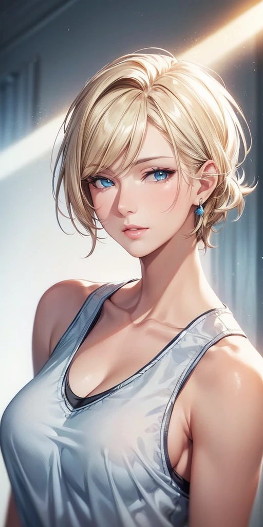portrait, realistic, elegant mature woman, blue eyes, brown blonde hair, swept-side bang, 4k resolution, high quality cg, beautiful cg, soft light