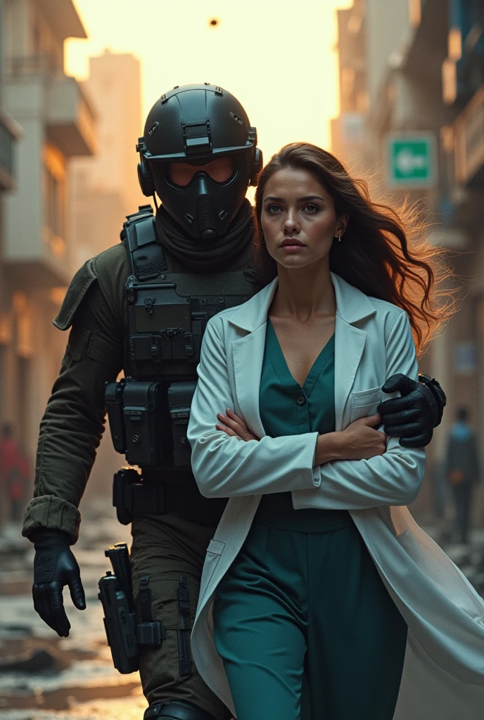 anti-terror special forces soldier saving a beautiful doctor from a terrorist attack