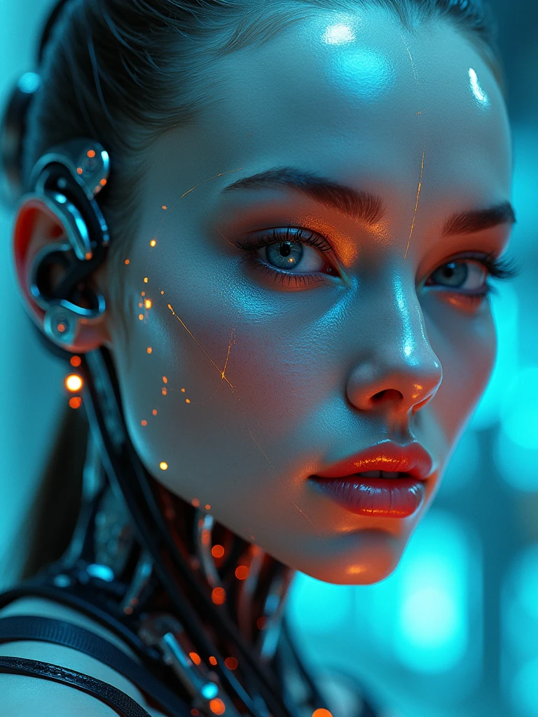 Close-up of a synthetic cyborg woman with electronic cables, metallic face reflecting the glow of a nearby holographic interface, ultra high quality image, 300 dpi resolution image