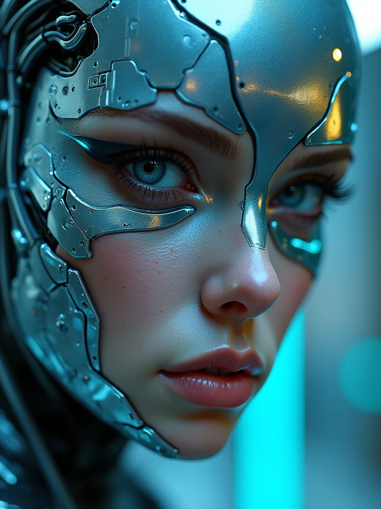 Close-up of a synthetic cyborg woman with electronic cables, metallic face reflecting the glow of a nearby holographic interface, ultra high quality image, 300 dpi resolution image