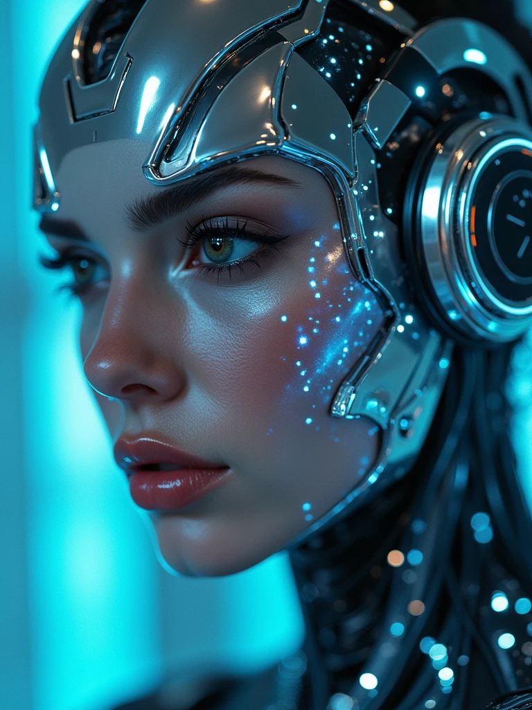 Close-up of a synthetic cyborg woman with electronic cables, metallic face reflecting the glow of a nearby holographic interface, ultra high quality image, 300 dpi resolution image
