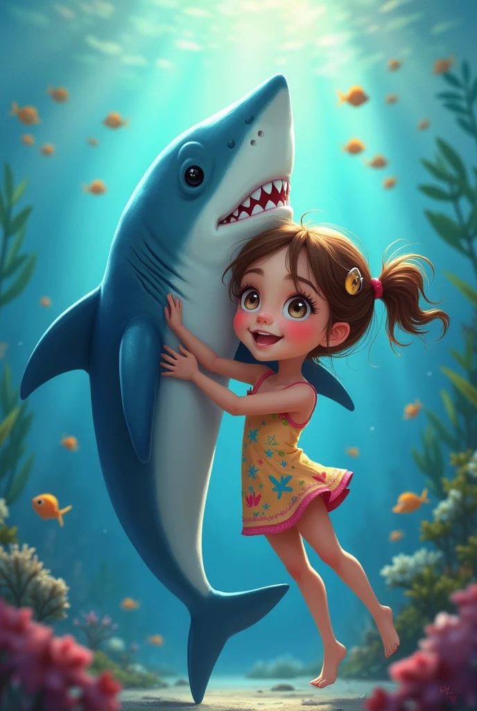 Cute girl hugging a shark