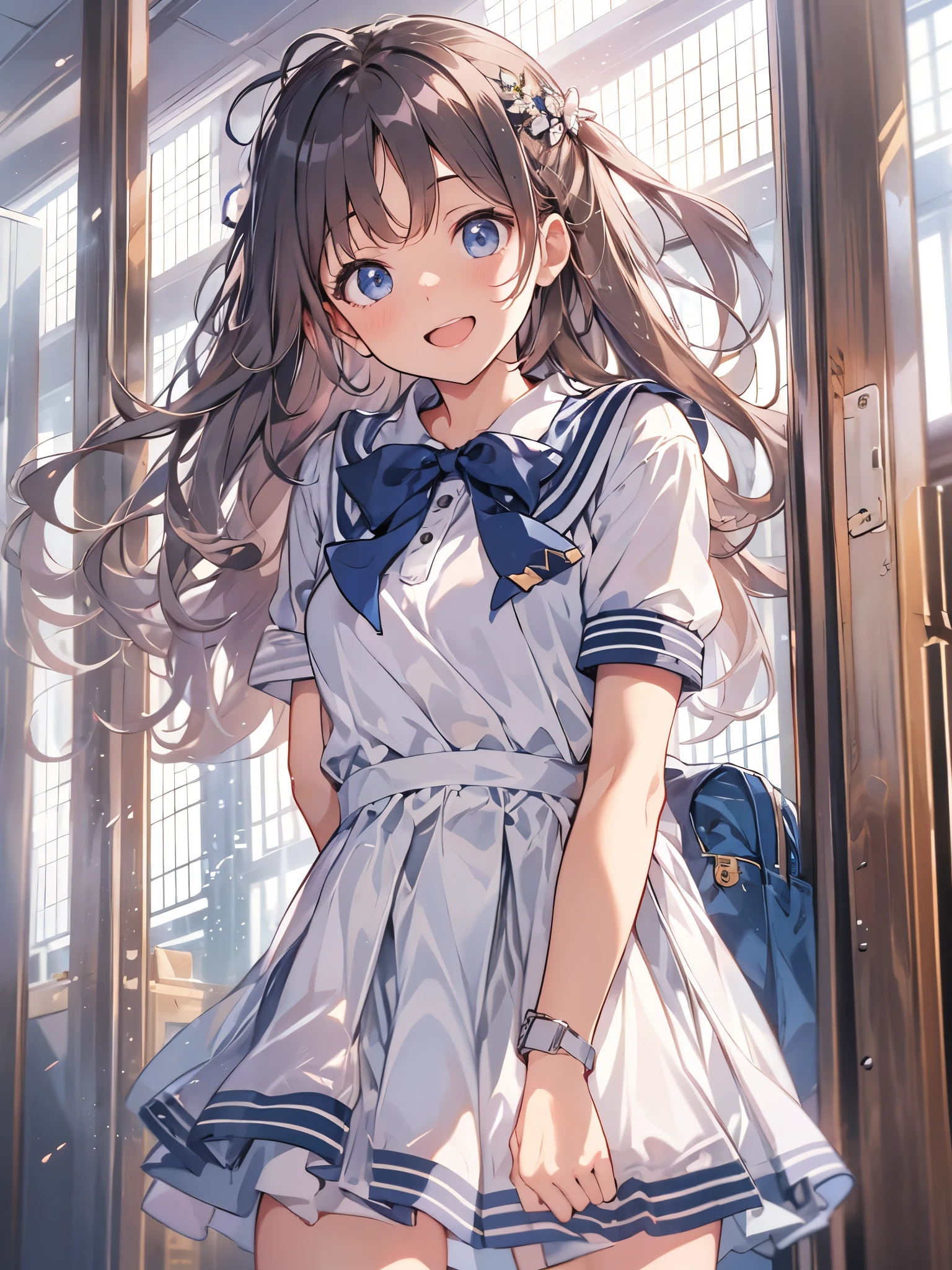 white background, full body、Highest quality、Highest quality、Ultra-detailed、(masterpiece:1.2),Very absurd、4K,8k,On the way to school、View this Schoolgirl、Sailor suit、school uniform、arm behind back、long hair、hairpin、naughty smile