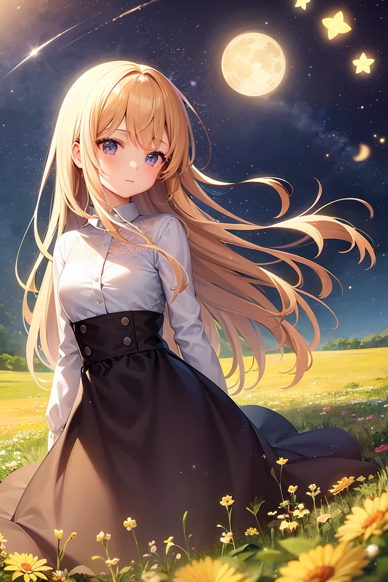 A girl on a meadow,Stars twinkling in the sky,Shining Star,milky way,full moon,I look up and see,Wildflowers are in full bloom,Pure World,masterpiece,Highest quality,最高masterpiece,Detailed anime art,Digital Art,