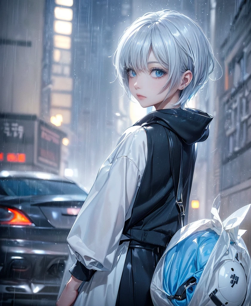 ((4K Works))、masterpiece、(Highest quality)、One beautiful girl、The body is slim、expensive、((Black Y-shirt and white pants、Charming street style))、Please put on a jacket.、Wearing a hood to hide his face、(Beautiful eyes in every detail)、Morning City、((Rainy Town))、Fashionable city with morning rain、During a walk、((Face similar to Carly Rae Jepsen))、((short-haired gray hair))、((Makes your face smaller))、((Neutral face))、((Bright Blue Eyes))、((American adult women))、((Adult female, 2))、((Cool woman))、((Like a celebrity))、((A lonely look))、((Korean Makeup))、((elongated and sharp eyes))、((Happy Date))、((boyish))、((Upper body photo shoot))、Professional photos、((Model Photo))、((Shot alone))、((She is under the roof))、((Look up at the sky))、((Shooting from behind))、((She is looking upwards))、((Her eyes are looking up))、((Increase the angle of the face))、((She is walking in front of the viewer))