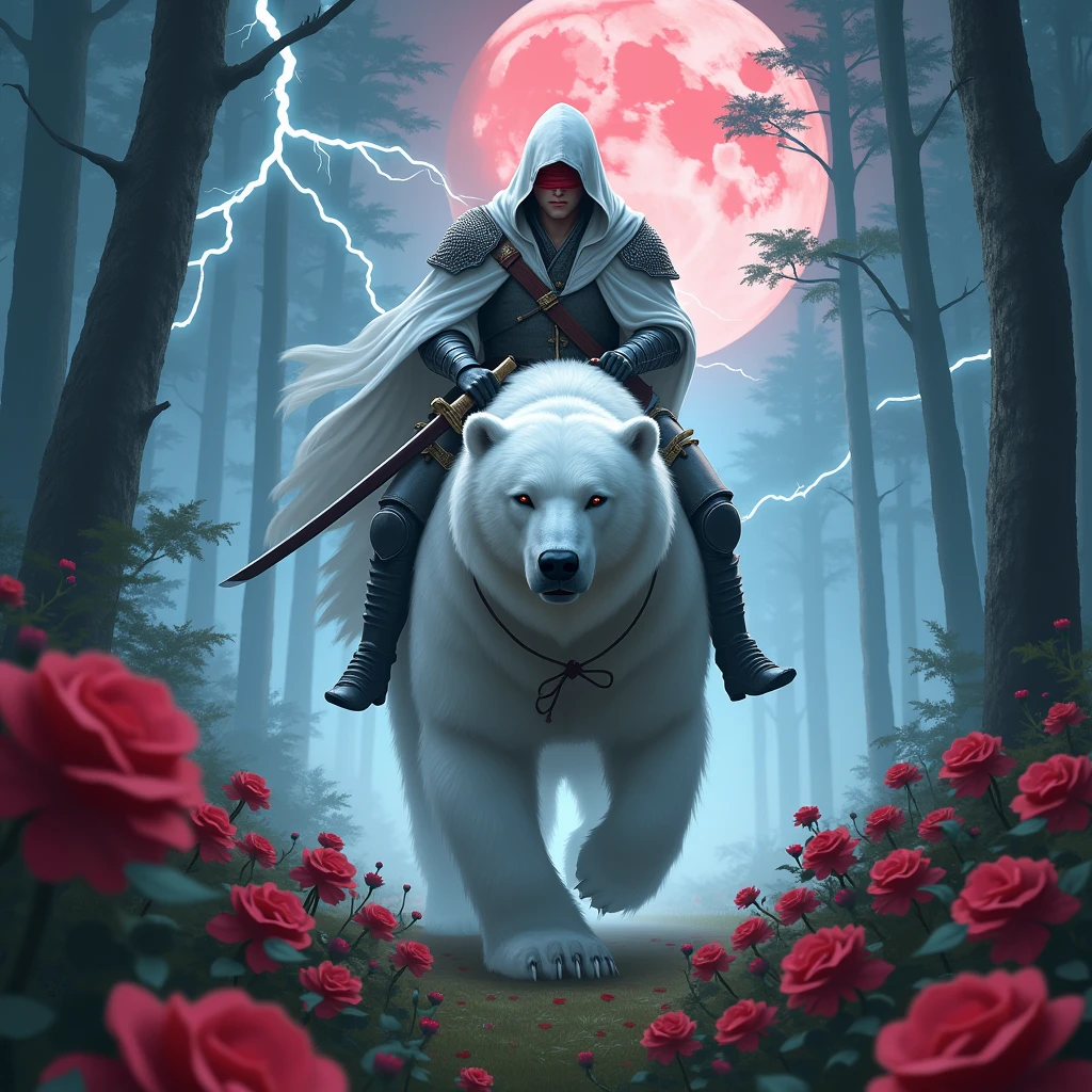 Godlike, in it a male knight with a white hood with bear ears and a katana at his back is riding a polar bear in a forest while the moon shines, many Roses cover the ground and lightning falls from the sky. The polar bear has black eyes. Only the man wears a red blindfold. In the background of the picture is the blood moon.