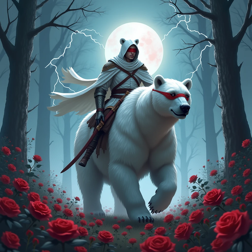 Godlike, in it a male knight with a white hood with bear ears and a katana at his back is riding a polar bear in a forest while the moon shines, many Roses cover the ground and lightning falls from the sky. The polar bear has black eyes. Only the man wears a red blindfold. In the background of the picture is the blood moon.