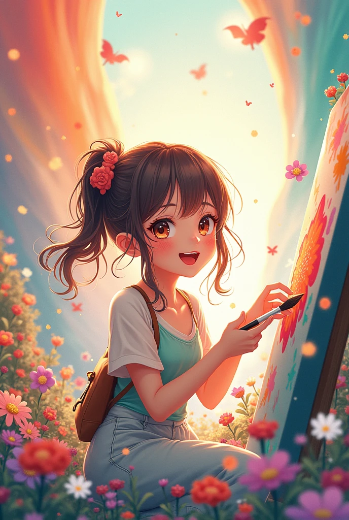 Draw anime art on the topic of creating art to make the world beautiful.