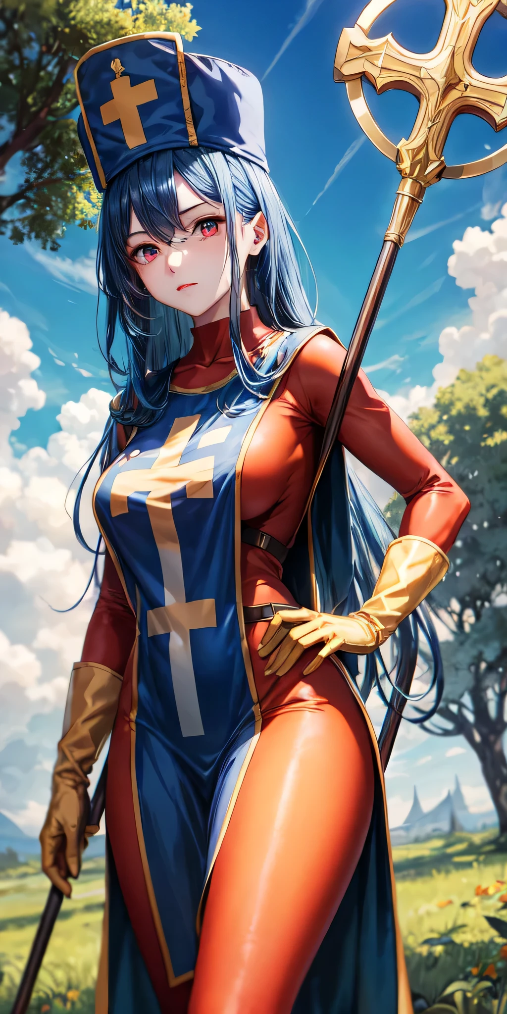 (masterpiece, best quality:1.1), priest \(dq3\), 1girl, solo, long hair, blue hair, red eyes, mitre, tabard, cross print, orange bodysuit, elbow gloves, large breasts, holding, staff, nature, blue sky, cowboy shot,