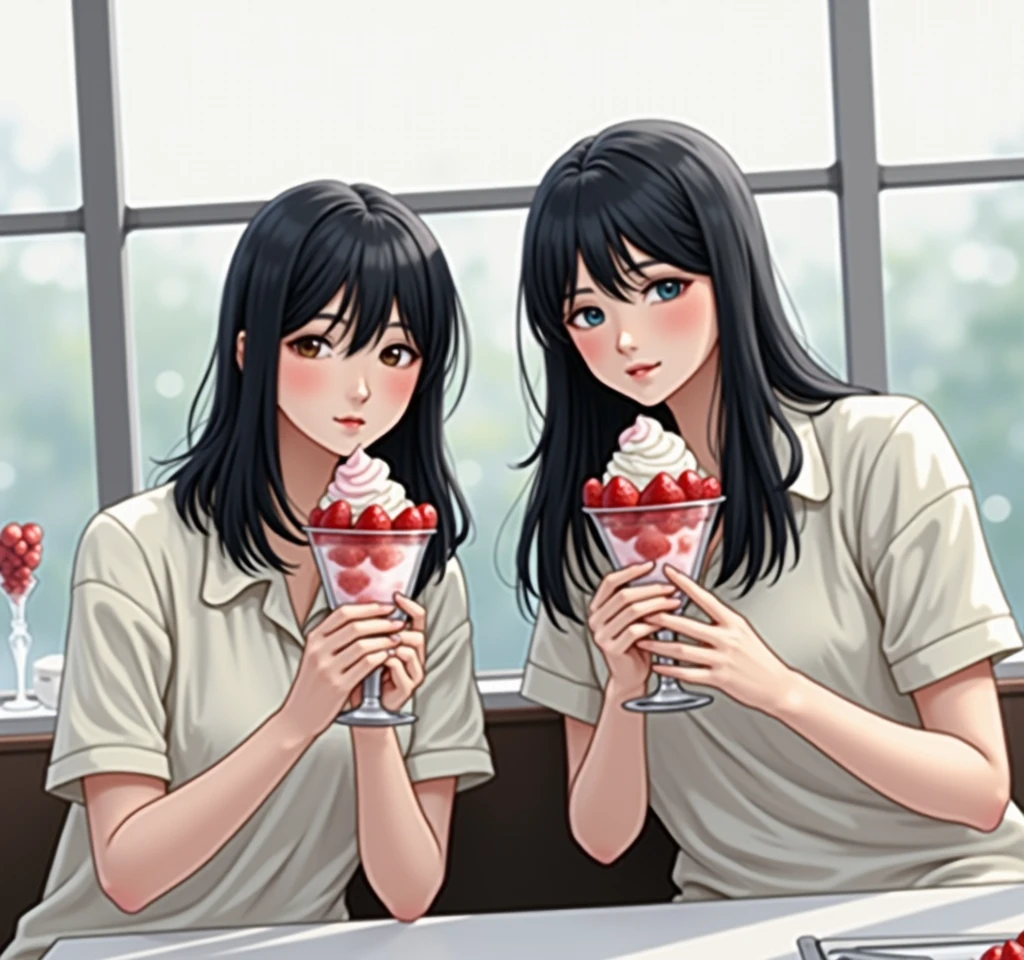 A woman is holding a glass of ice cream and strawberries, Yoshitomo Nara, Ishida Sui with black hair, shinsui ito, shikamimi, Chiho, sakimi chan, Kotegawa Yui, kimi takemura, ayami kojima amano, My motto is Teshirogi, Chiho ashima