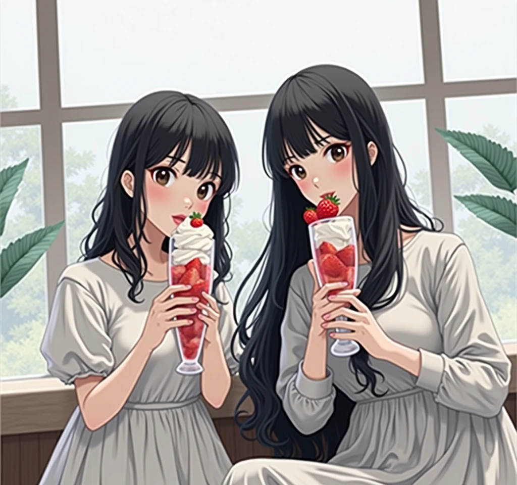 A woman is holding a glass of ice cream and strawberries, Yoshitomo Nara, Ishida Sui with black hair, shinsui ito, shikamimi, Chiho, sakimi chan, Kotegawa Yui, kimi takemura, ayami kojima amano, My motto is Teshirogi, Chiho ashima