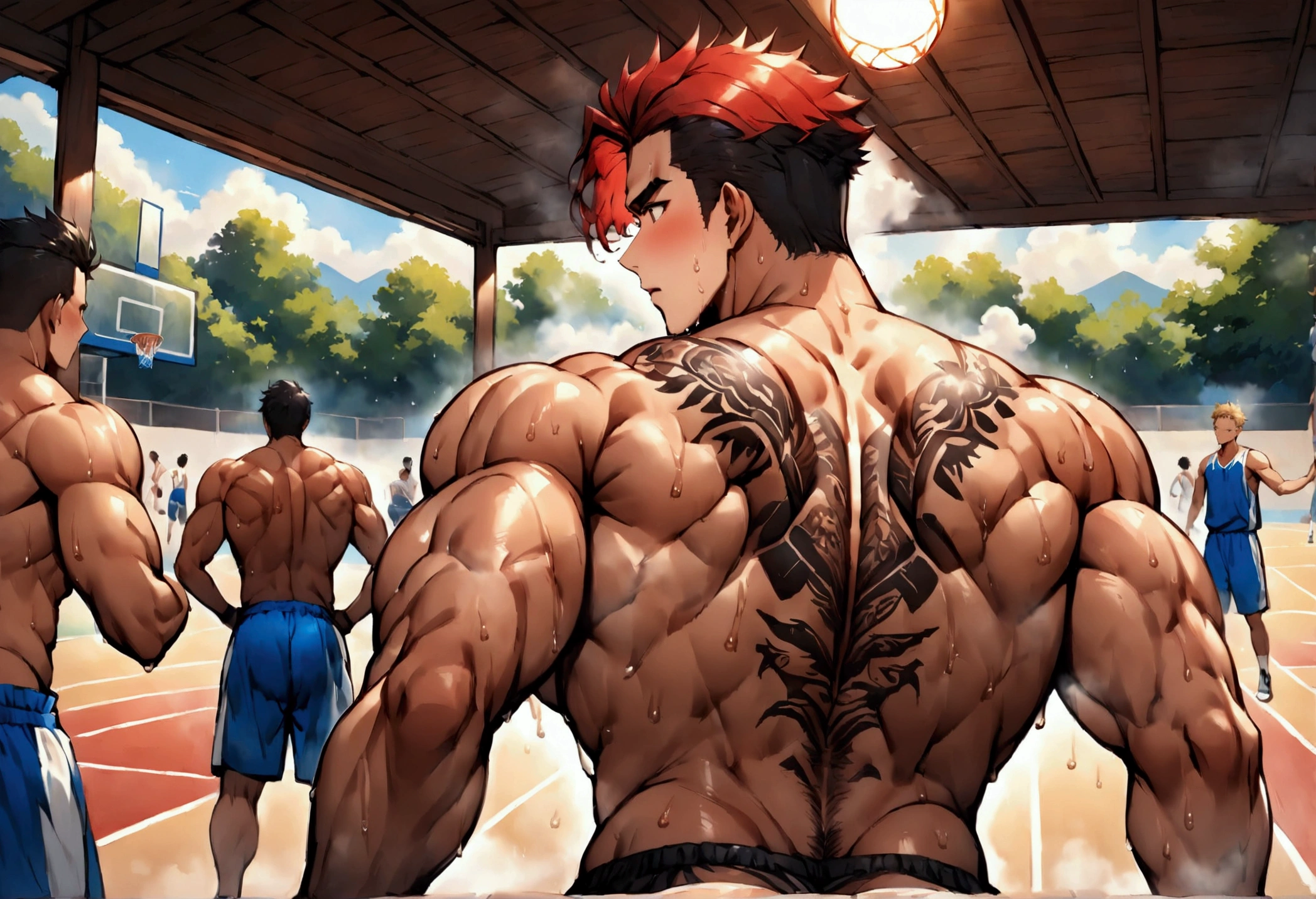 Highest quality、(muscular male:1.5)、(father:0.5)、young、4boys、Short Hair、Sports haircut、short hair、Blonde、Gray Hair、Black Hair、Red hair、Having fun playing basketball、Midsummer、nipple piercing、tattoo on chest、(sweat:1.3)、steam、ass pov
