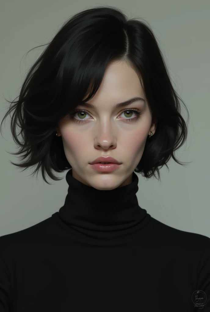 A woman in a black turtleneck with black hair stares straight ahead, showing no emotion.