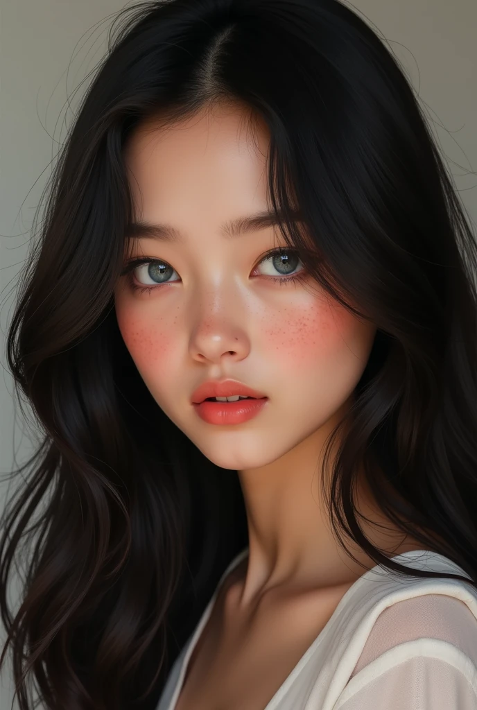 Femme 25 ans, cheveux long et noir, lisse, Des yeux bleu clair et gris, des taches de rousseurs, peau légèrement bronzé, cils long, bouche pulpeuse et rose, souriant calmement en regardant en bas, origine Americaine