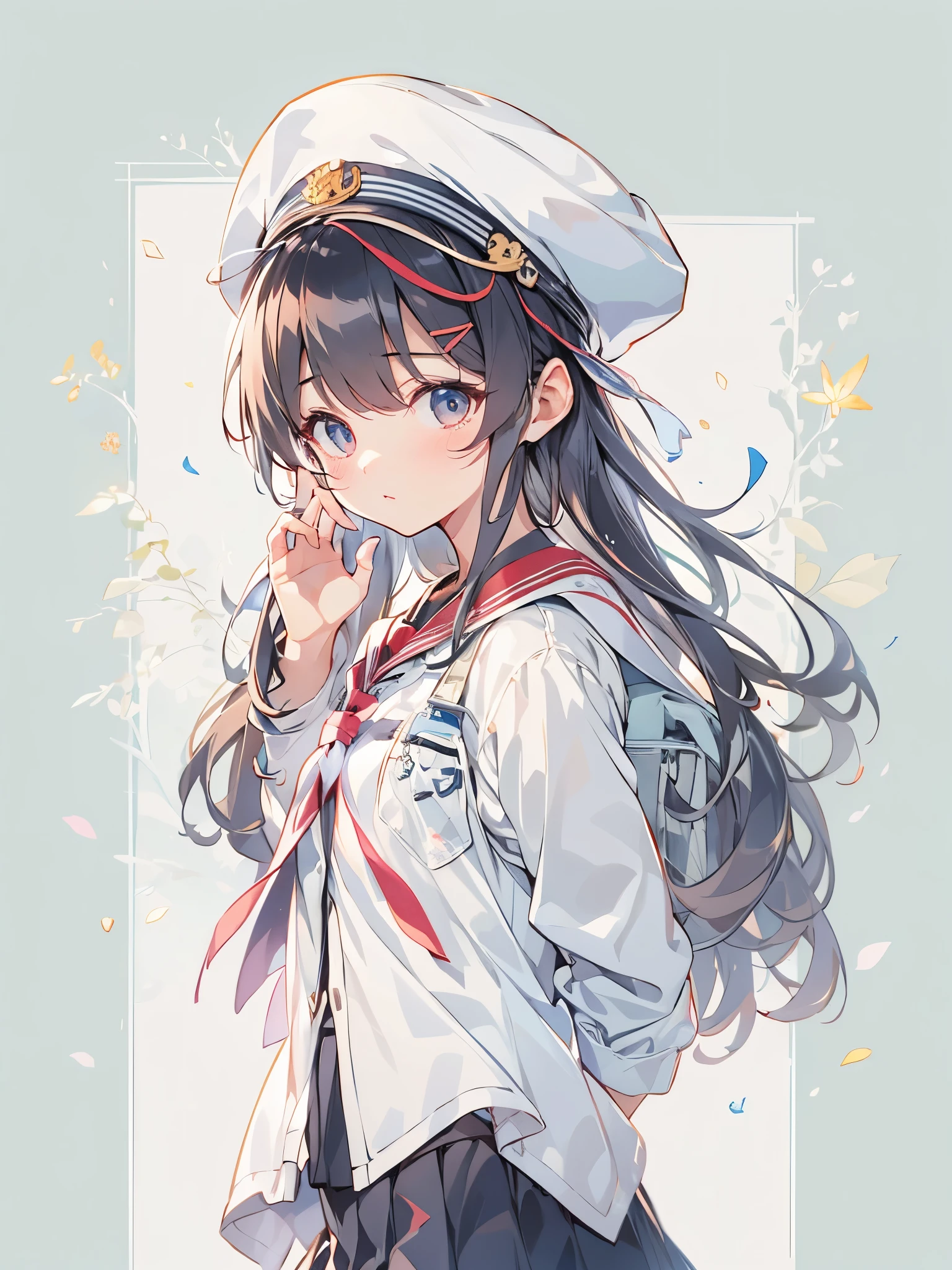 white background, full body、Highest quality、Highest quality、Ultra-detailed、(masterpiece:1.2),Very absurd、4K,8k,A female student peeking、Sailor suit、school uniform、arm behind back、boyish、hairpin、cute