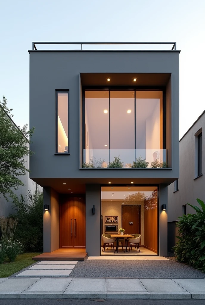 Help me create a contemporary style house with a 7 meter high facade, by 5 meters wide, in gray and caramel color, with a sliding door in 3 glass sheets, two windows at the top.