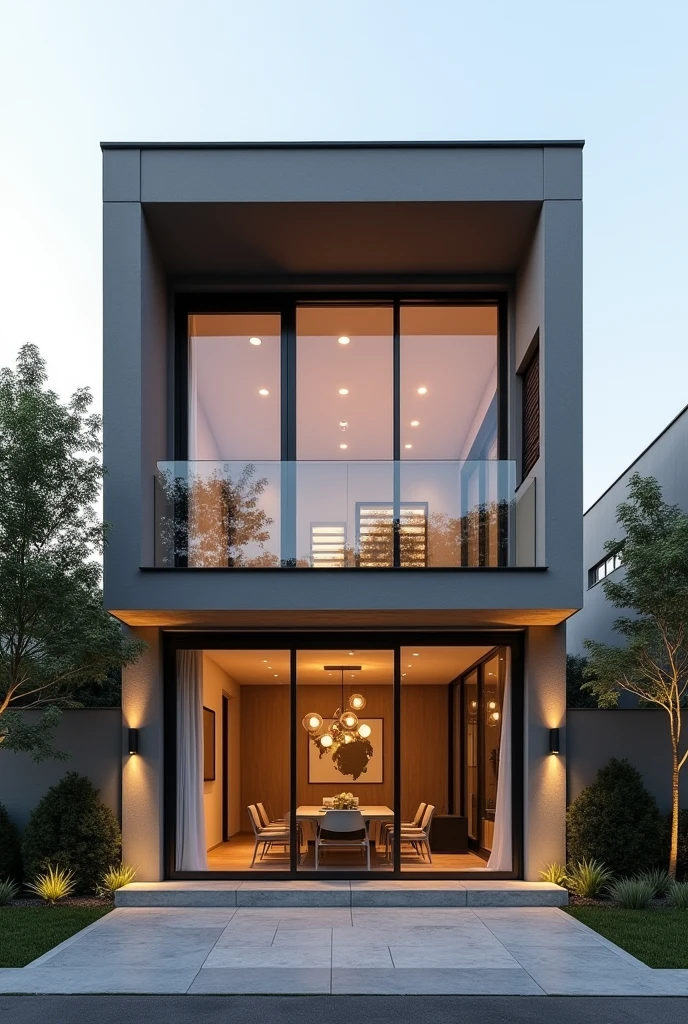 Help me create a contemporary style house with a 7 meter high facade, by 5 meters wide, in gray and caramel color, with a sliding door in 3 glass sheets, two windows at the top.
