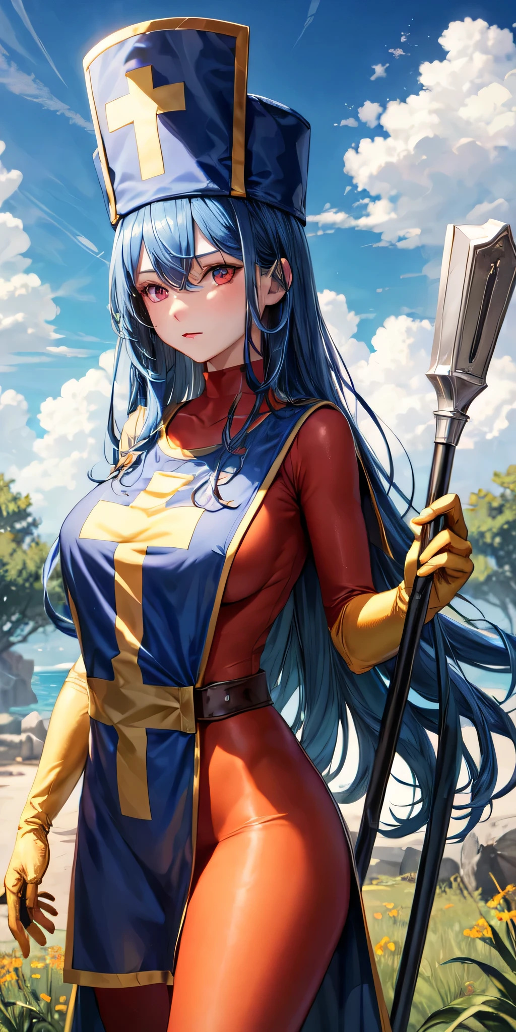 (masterpiece, best quality:1.1), priest \(dq3\), 1girl, solo, long hair, blue hair, red eyes, mitre, tabard, cross print, orange bodysuit, elbow gloves, large breasts, holding, staff, nature, blue sky, cowboy shot,