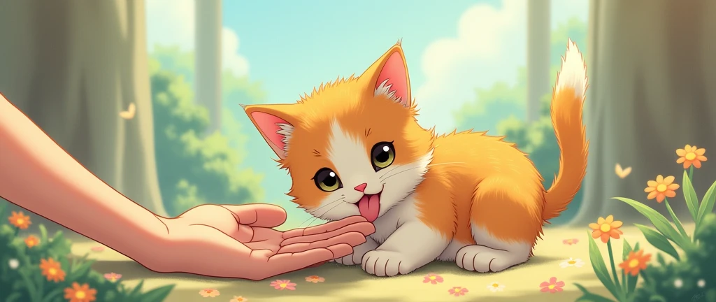 masterpiece,best quality, Kawaii Cat licks hand, Studio Ghibli Inspired