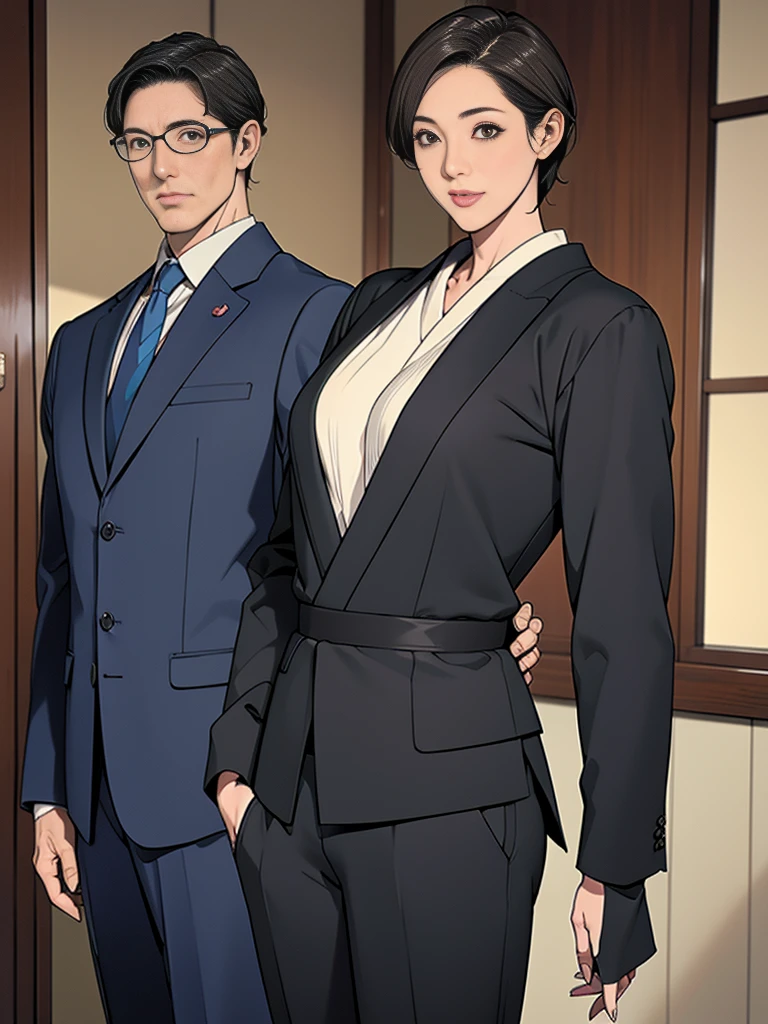 Double,Japanese Wind,Photorealism,detailed,masterpiece,Mature,Gentle men and plump women,Smile,Standing,Suits,short hair
