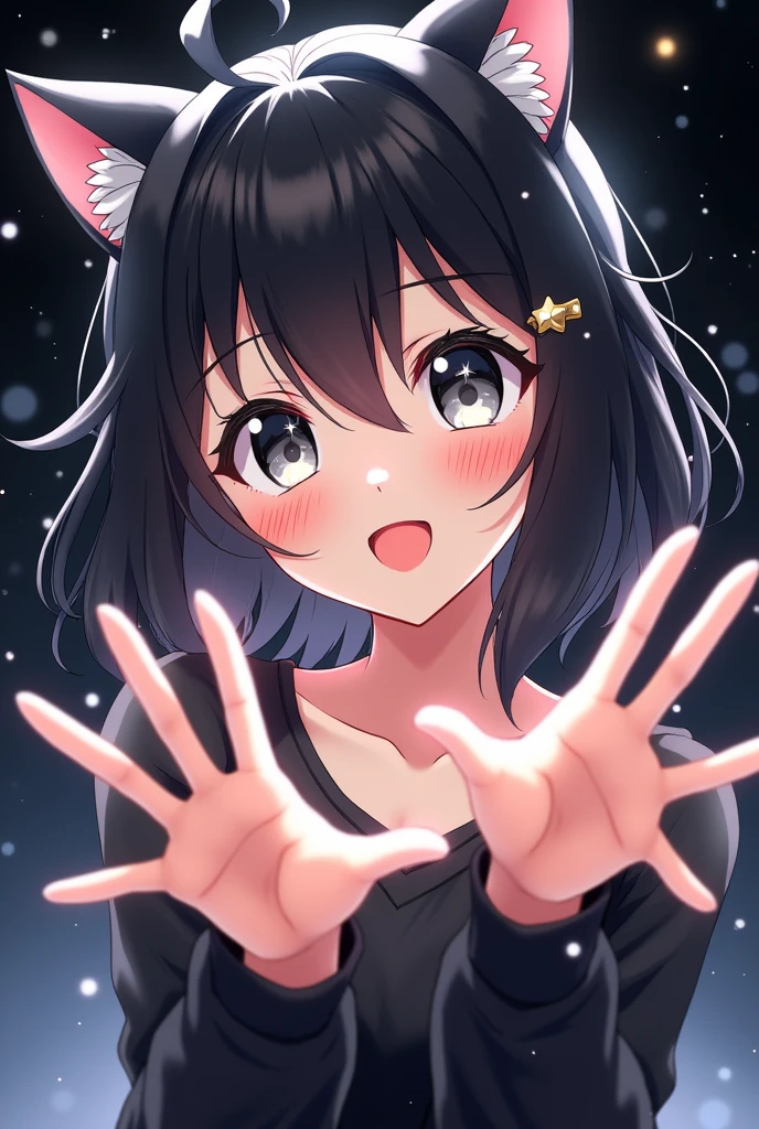 anime, anime style, black hair, idol, grey eyes, cat ears, star hairclip, tone, happy, pOV, full body,
close up, black background, dynamic, UHD, handiwork, anatomically correct, happiness, dot, sparkling eyes, holding ears