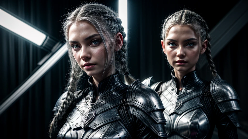 World of warcraft, drainei female, paladine, full armor, full body, slender, lean with defined muscles, 21years, wearing fancy leather clothes, pale white skin, silver hair, braided ponytail, (perfect ears), hair behind ear, long hair, very long hair, undercut, mismatched sclera, half-closed eyes, glaring, longeyelashes, solid circle eyes, amber eyes, pointy ears, evil smile, seductive smile, fantasy art, Realism, Op art, Cubist Futurism, optical illusion, backlighting, cinematic lighting, depth of field, gray flat solid background, front view, first-person view, Eye-Level Shot, f/1.8, 135mm, Fujifilm, Sony FE GM, masterpiece, anatomically correct, super detail, textured skin, UHD, studio photo.