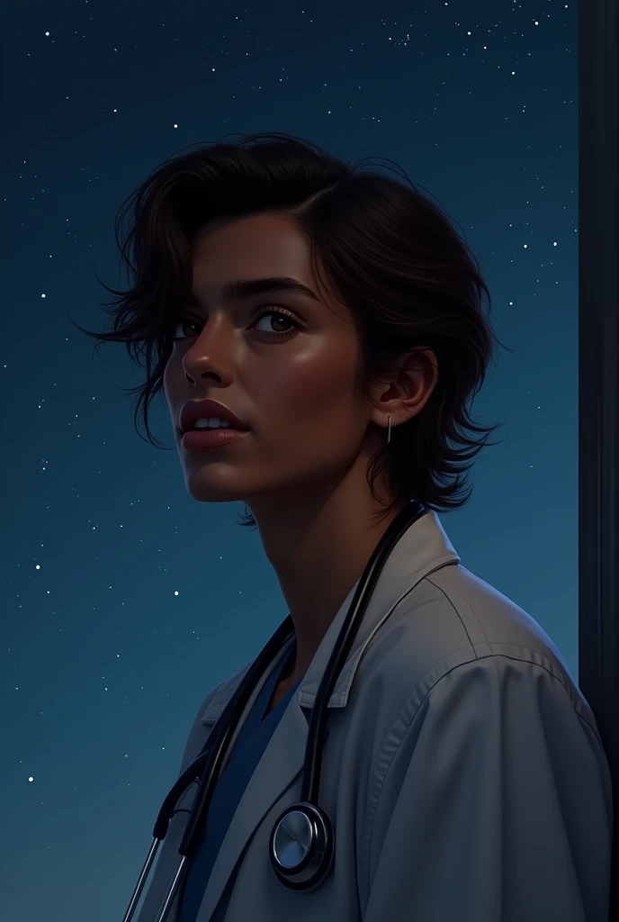 A dark skin color, brown wavy hair, brown eyes in a doctor's uniform. The brightness of distant stars