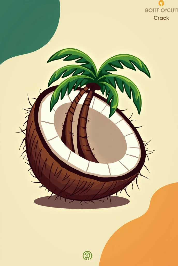 CREATE A COCONUT CHICHARRON LOGO, THAT HAS A SPLIT COCONUT A PALM TREE CALLED COCONUT CRACK, put the letter coco craC, that it is striking and bright colors