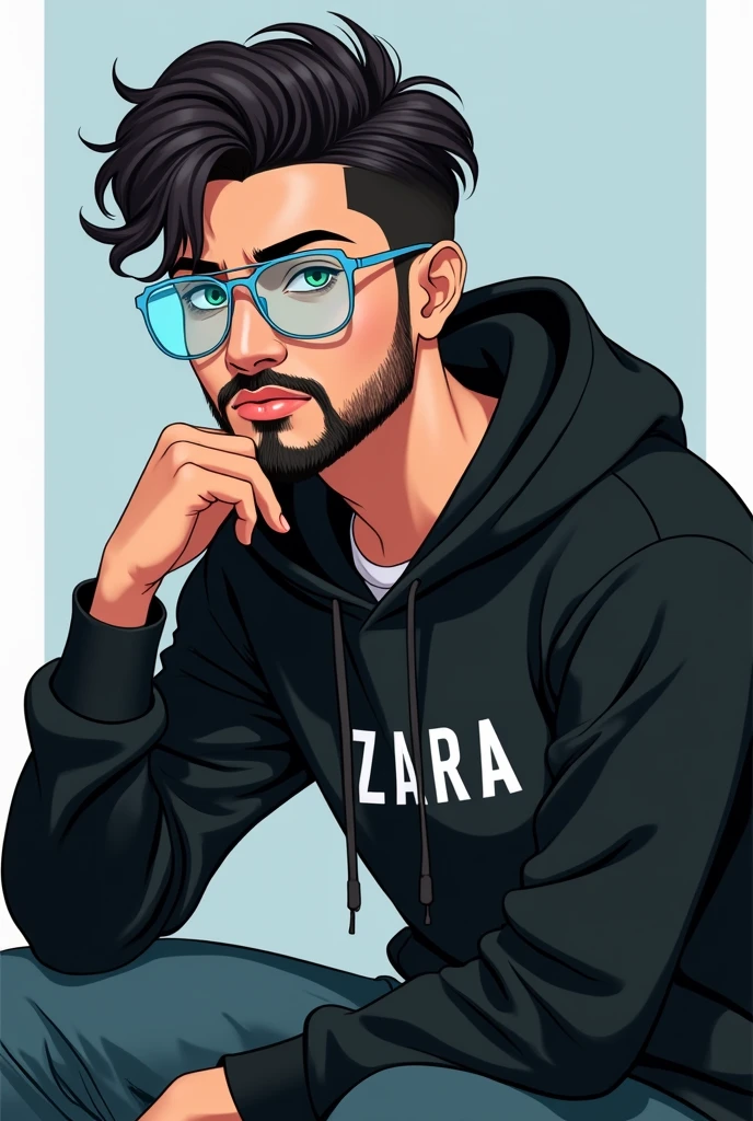 Anime muslim boy with transparent sky blue glasses and fully moustache and beard with black zara hoodie and sitting model