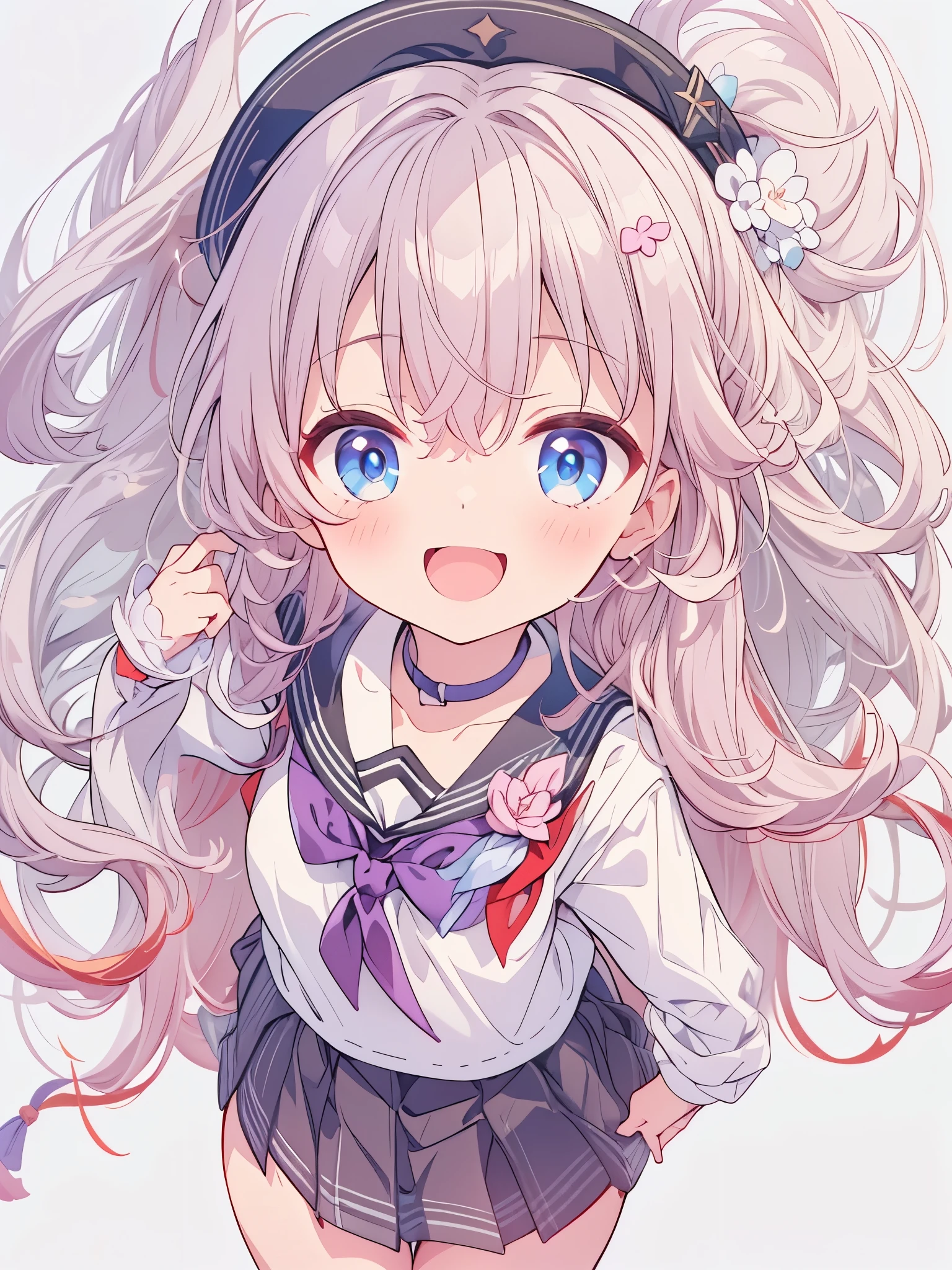 white background, full body、Highest quality、Highest quality、Ultra-detailed、(masterpiece:1.2),Very absurd、4K,8k,On the way to school、View this Schoolgirl、Sailor suit、school uniform、arm behind back、long hair、hairpin、naughty smile