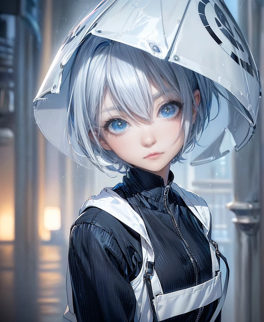 ((4K Works))、masterpiece、(Highest quality)、One beautiful girl、The body is slim、expensive、((Black Y-shirt and white pants、Charming street style))、Please put on a jacket.、Wearing a hood to hide his face、(Beautiful eyes in every detail)、Morning City、((Rainy Town))、Fashionable city with morning rain、During a walk、((Face similar to Carly Rae Jepsen))、((short-haired gray hair))、((Makes your face smaller))、((Neutral face))、((Bright Blue Eyes))、((American adult women))、((Adult female, 2))、((Cool woman))、((Like a celebrity))、((A lonely look))、((Korean Makeup))、((elongated and sharp eyes))、((Happy Date))、((boyish))、((Upper body photo shoot))、Professional photos、((Model Photo))、((Shot alone))、((She is under the roof))、((Look up at the sky))、((Shooting from behind))、((She is looking upwards))、((Her eyes are looking up))、((Increase the angle of the face))、((She is walking in front of the viewer))
