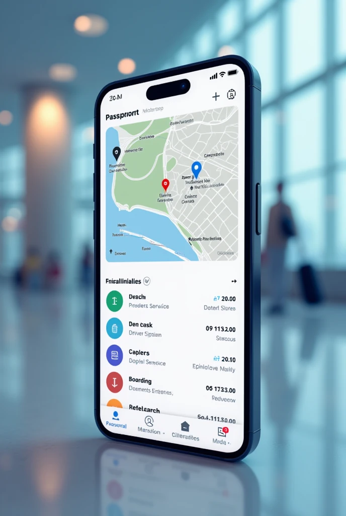 now create a main application screen having all the personal documents as: passport, identity, driver's license, etc., get your questions answered by a service center , to check in via face id through the airport app, to find each store at the airport with totals and a map to locate yourself using the app, saved by the airport app with a more modern UX design