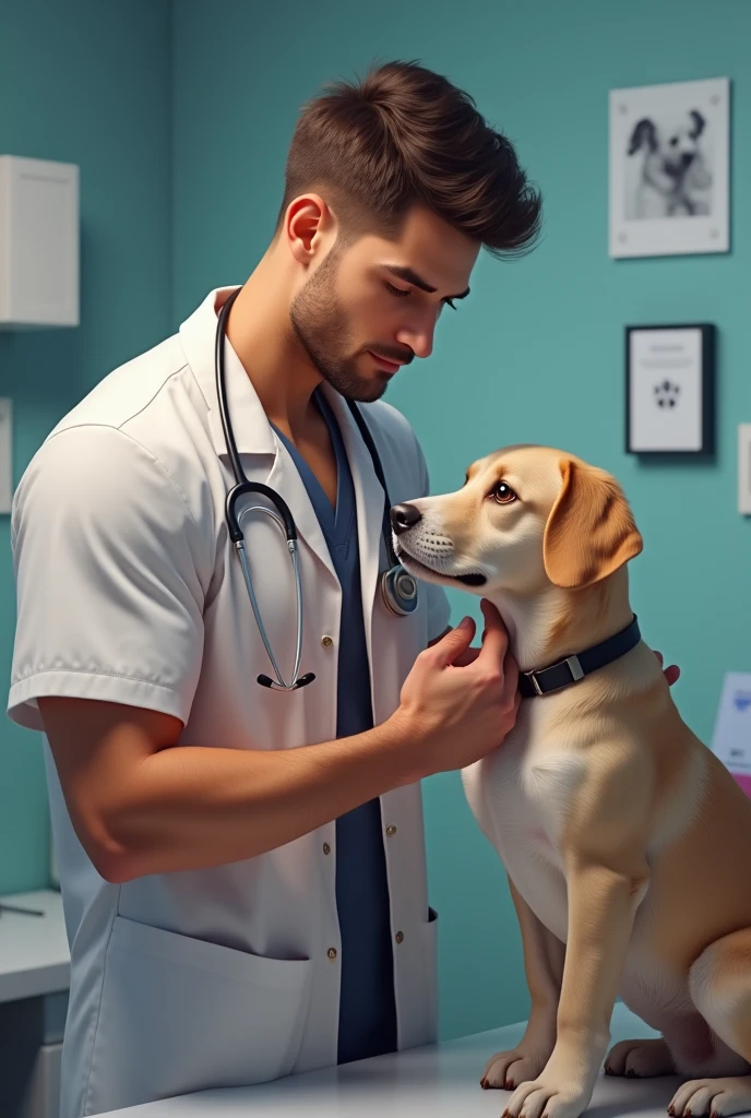 handsome sexy 
veterinary male doctor treating very cute dog 

