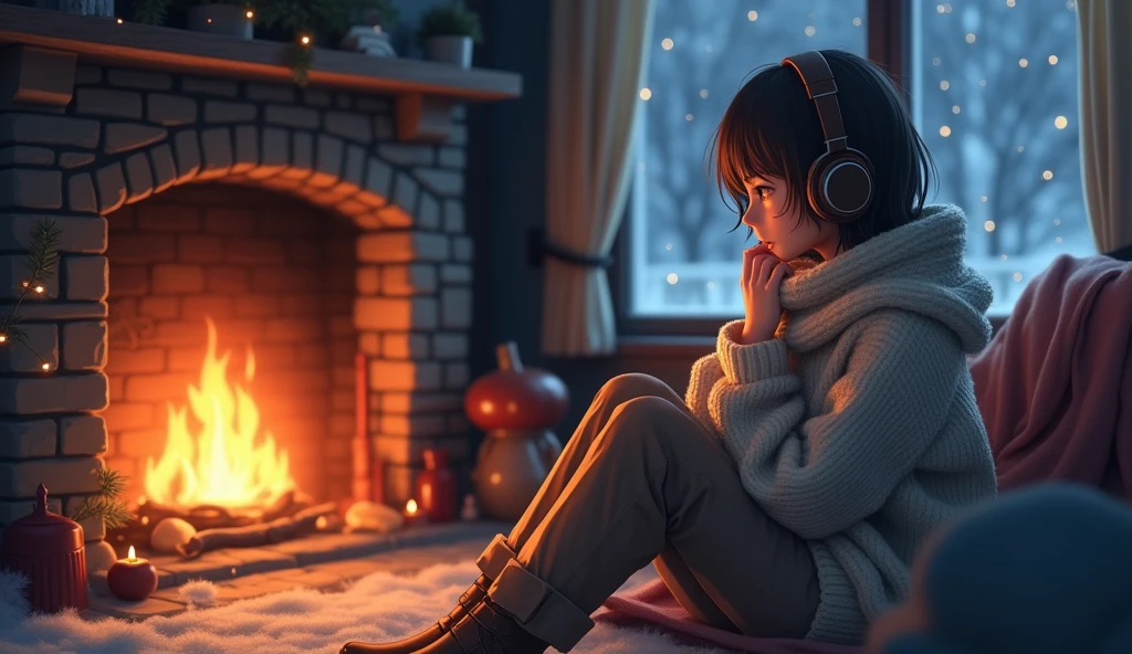 Perfect image, 8k、winter、high school girl、sweater、Long trousers、Using headphones、fireplace、 2D-style animation, Lo-Fi、Retro、Emotional、Anime style illustrations