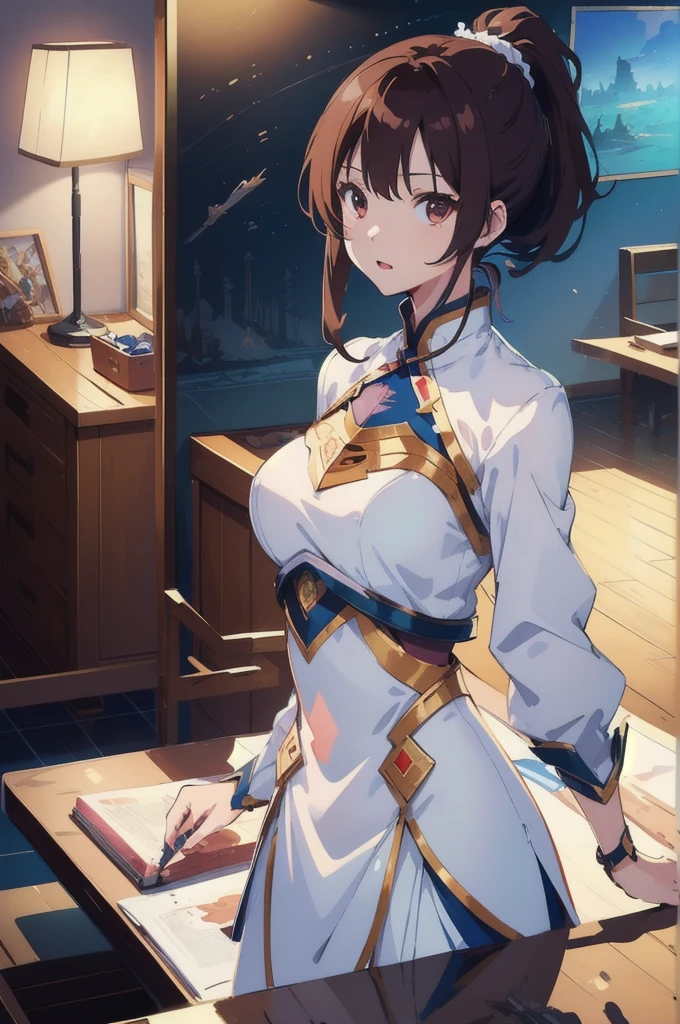 ((((Super Illustration Style:1.0)))),Highest quality,Best Anime,masterpiece,Ray Tracing, Global Illumination,breastplate,Chest on the table,Upper Body,One girl, alone、(Brown Hair、semi-long、ponytail)、White clothes