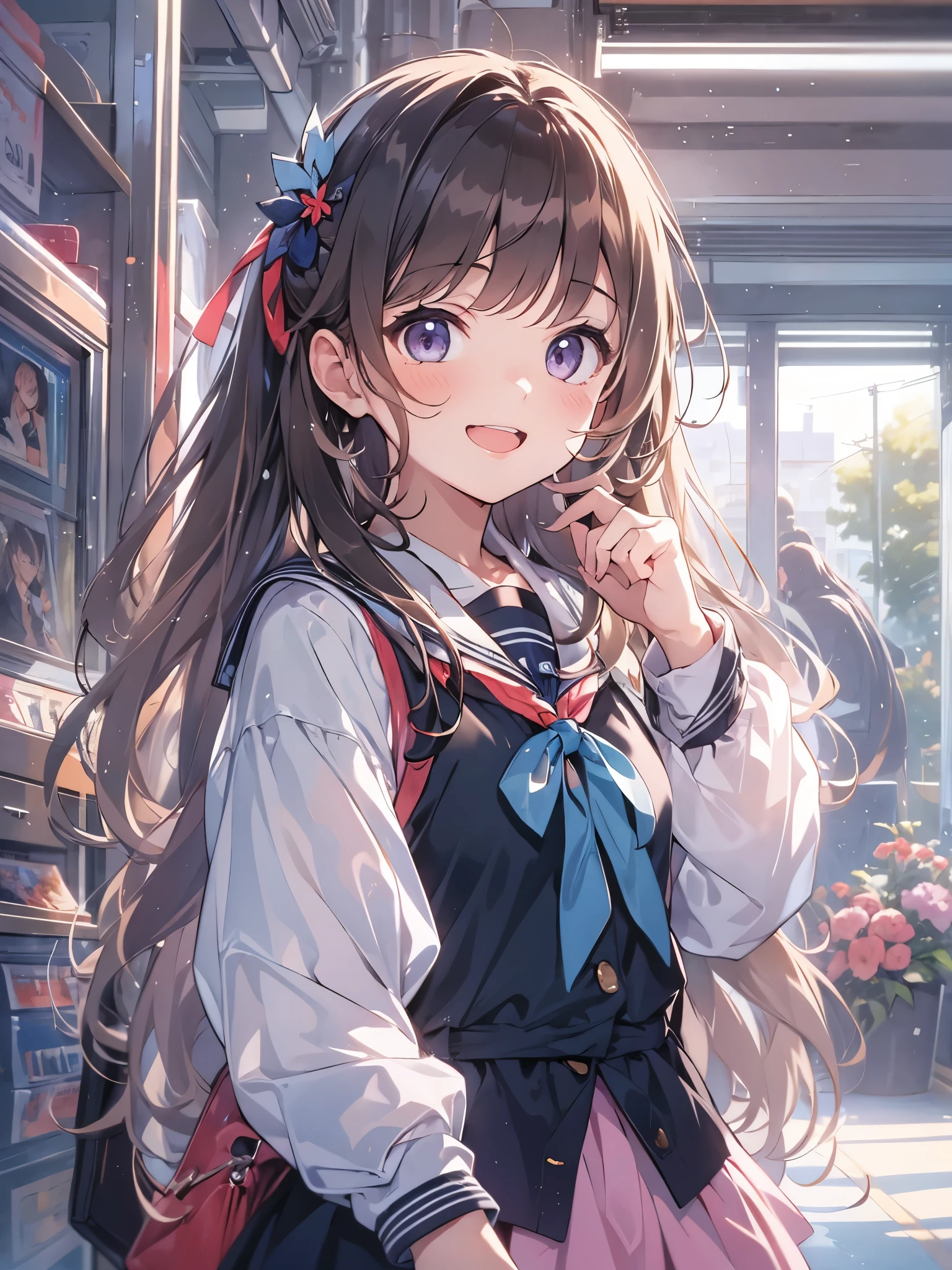 Highest quality、Highest quality、Ultra-detailed、(masterpiece:1.2),Very absurd、4K,8k,On the way to school、View this Schoolgirl、Sailor suit、school uniform、arm behind back、long hair、hairpin、naughty smile