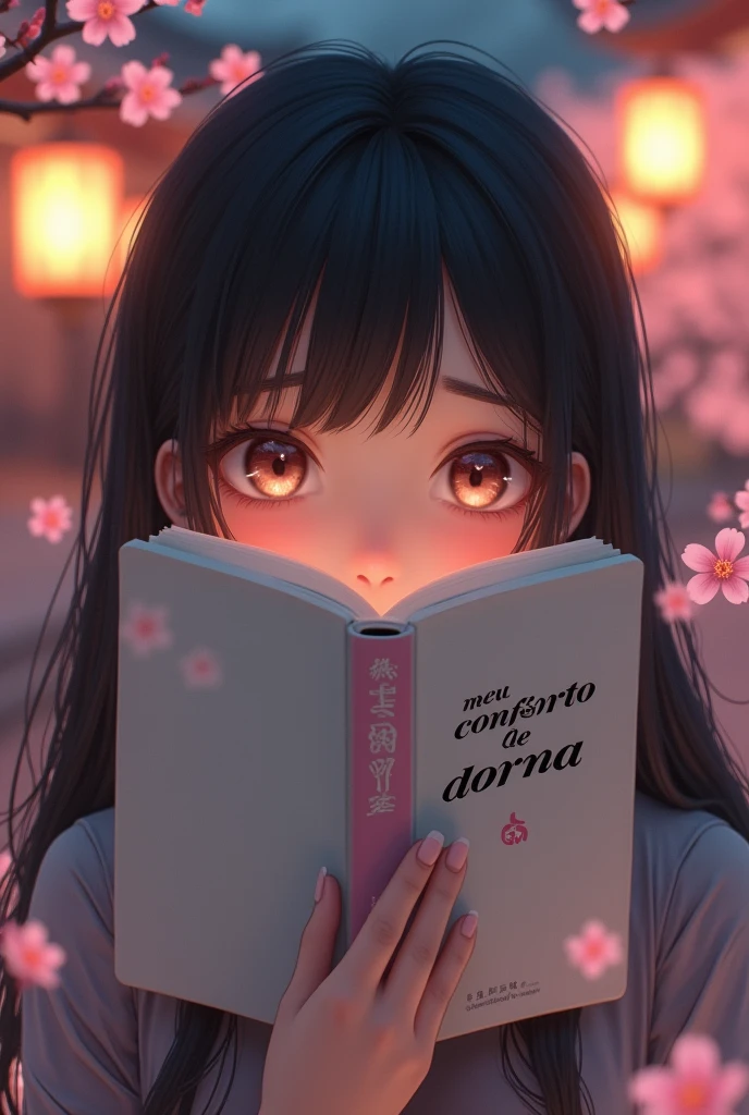 An 8K ultra high definition cinematic rendering of a romantic anime-style medium shot, a close-up of a Korean girl with dark hair, holding an open book in front of her face, showing only her eyes. She has soft, expressive eyes, the cover of the book has the word "Meu Conforto de Dorama" inscribed in bold black letters with a pink outline, the rest of the book decorated romantically and dreamily with subtle symbols of Korean culture and cherry blossoms. The background is blurred and contains a soft depiction of the roof of a traditional Korean palace, cherry blossoms, and soft lantern lights.1 , Solo, Alta resolução, Rubor, Alta resolução, Obra-prima, Melhor qualidade, Detalhe, Modelo HD, Alta qualidade, Super detalhe, Ultra HD, Rubor, Vergonha no nariz, Envergonhado, Ukiyo-e, Renderização 3D, Cartaz de propaganda americana, Estilo anime, Art Nouveau, Cinematográfico, Hiperdetalhado, Realismo, 