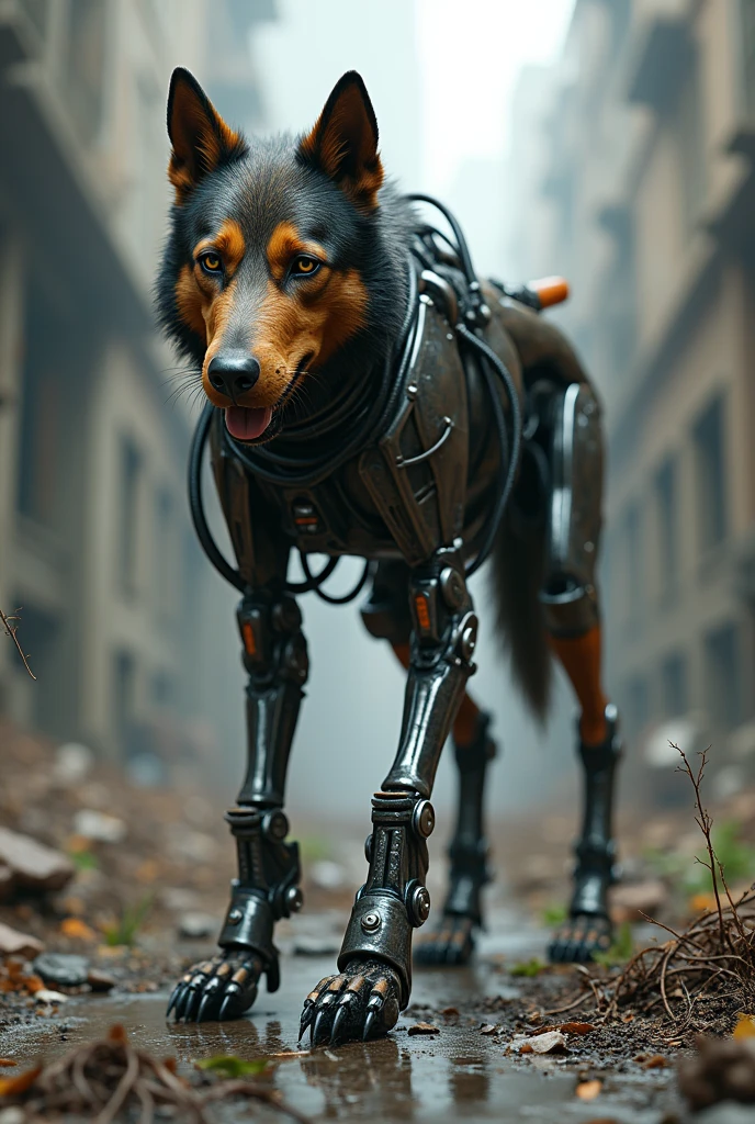 A dog with half robot body.