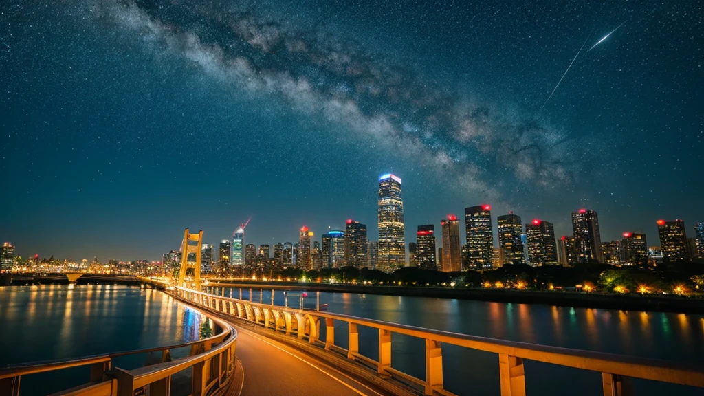 Beautiful Japanese cityscape background, Night view, bridge, 桟bridge, Starry Sky, shooting star