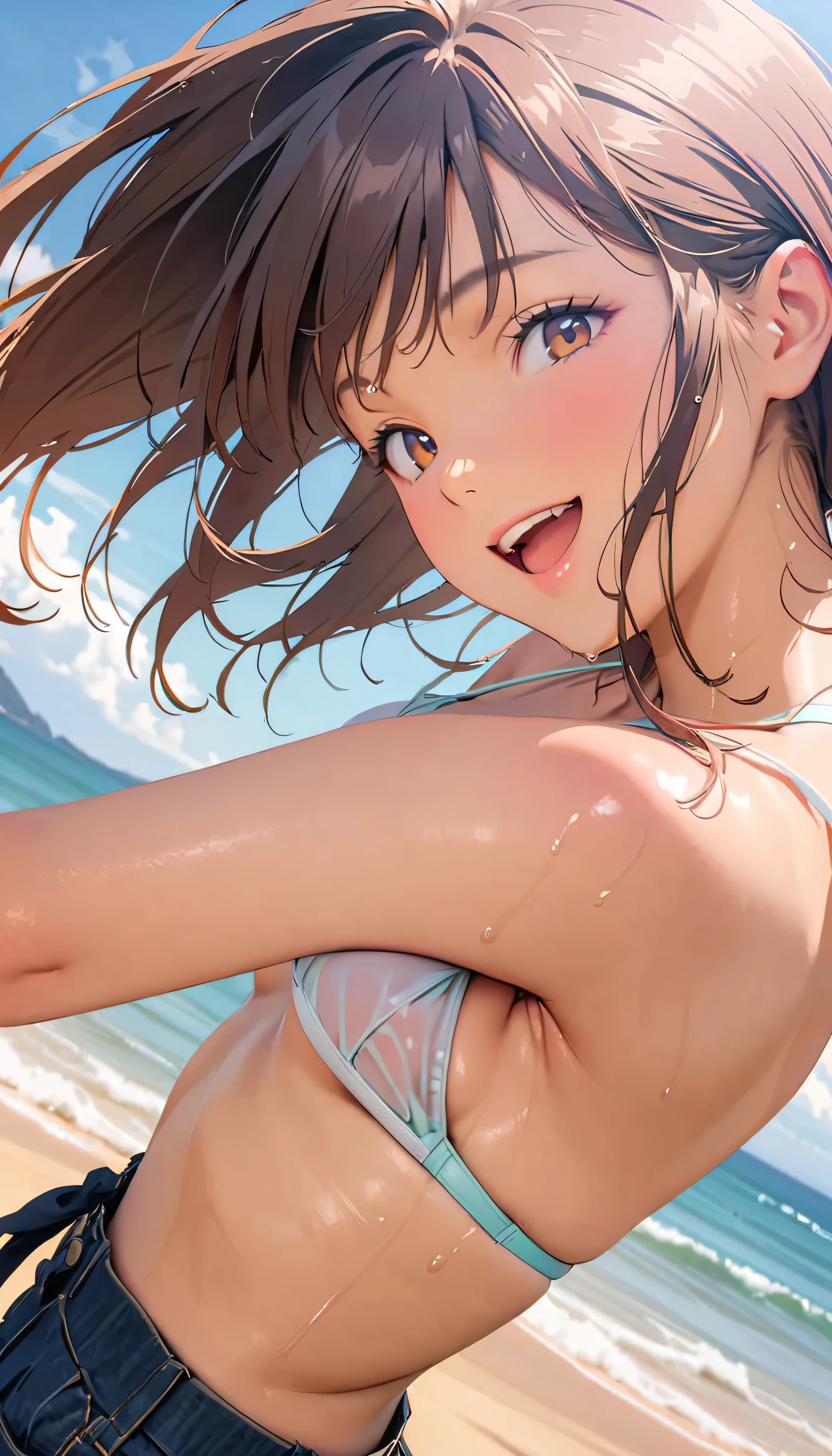 (Highest quality:1.2, Very detailed, up to date, Vibrant, masterpiece:1.2, Highest quality, Best aesthetics), smile, ((Face Up Shot:1.4)), 1980s style, 8k Ultra HD, Background Blur, smile, One Woman, Woman in bikini, Strong sunlight, Seaside, sunny, Summer sunshine, Wet Skin, Sandy Beach, Dynamic Angle, dynamic, Get excited, low length, very young, flat chested