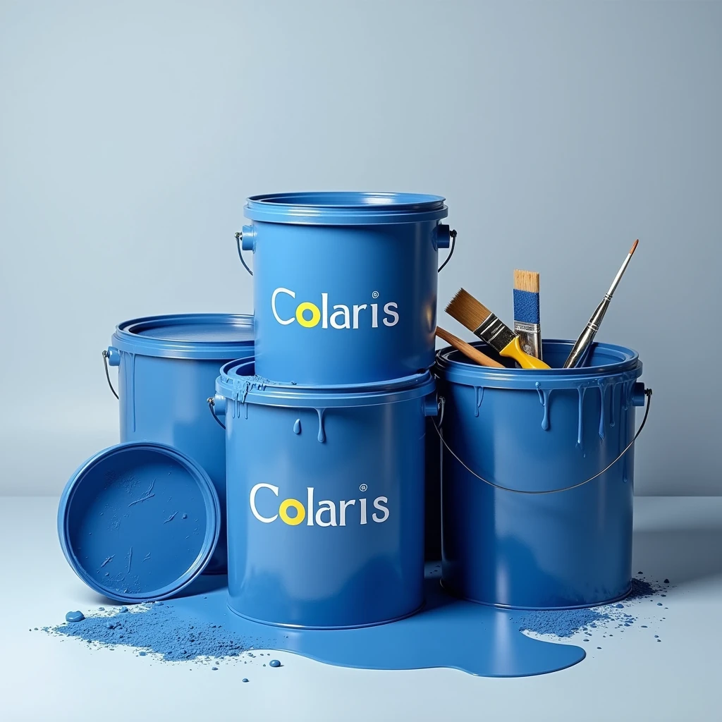I want a background image for a website with gallons of dark blue paint with the words colaris written on them, stacked with the colors in the middle of the pot indicating the blue colors, putridity, yellow and a light gray background color, on the side paint-brush color pallet on the side