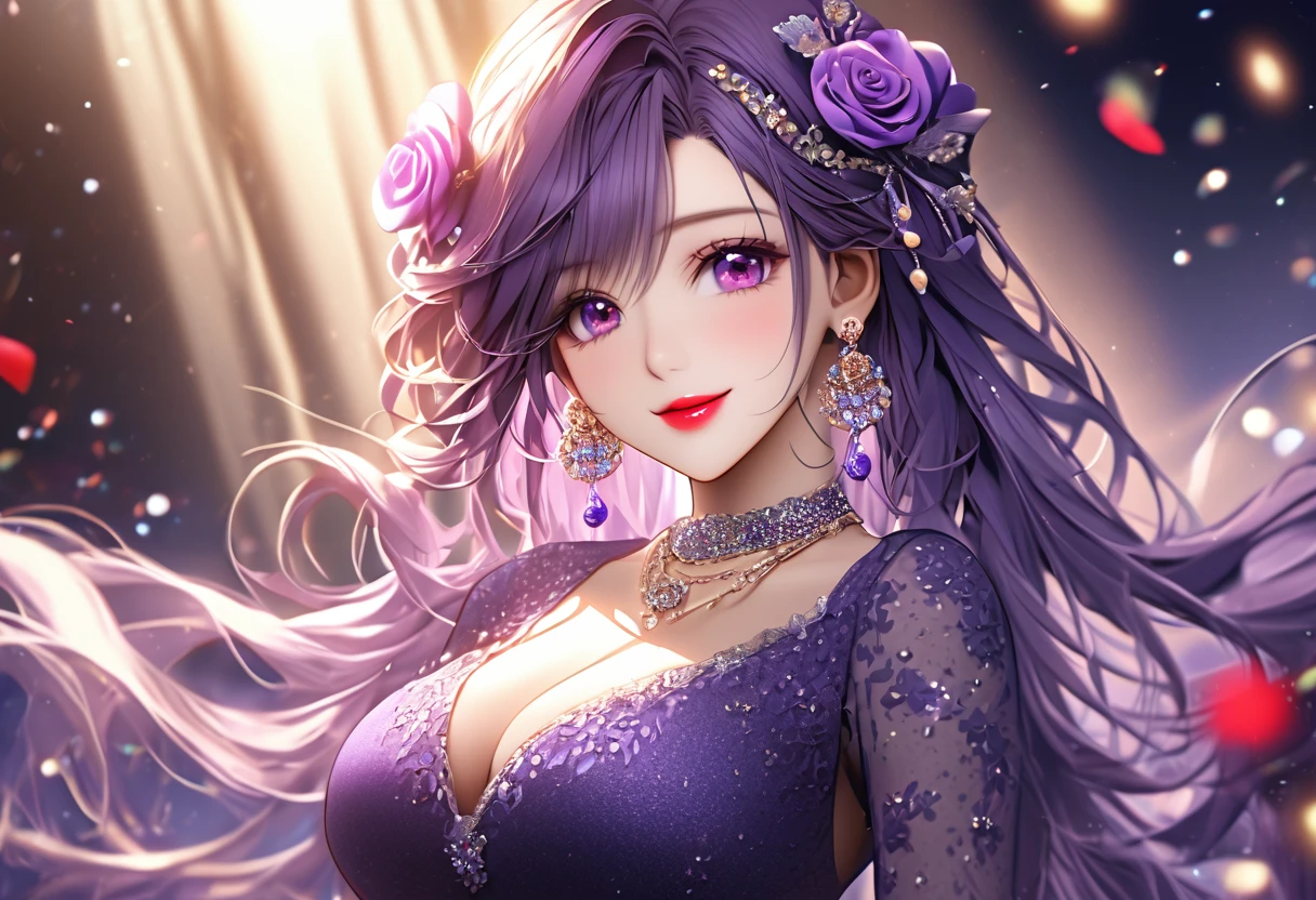 rating:safe, jewelry, 1girl, purple_hair, flower, earrings, hair_ornament, breasts, dress, cleavage, looking_at_viewer, long_hair, hair_flower, purple_dress, rose, smile, purple_eyes, necklace, red_lips, light_particles, lipstick, very detail, high quality, UHD, 8K