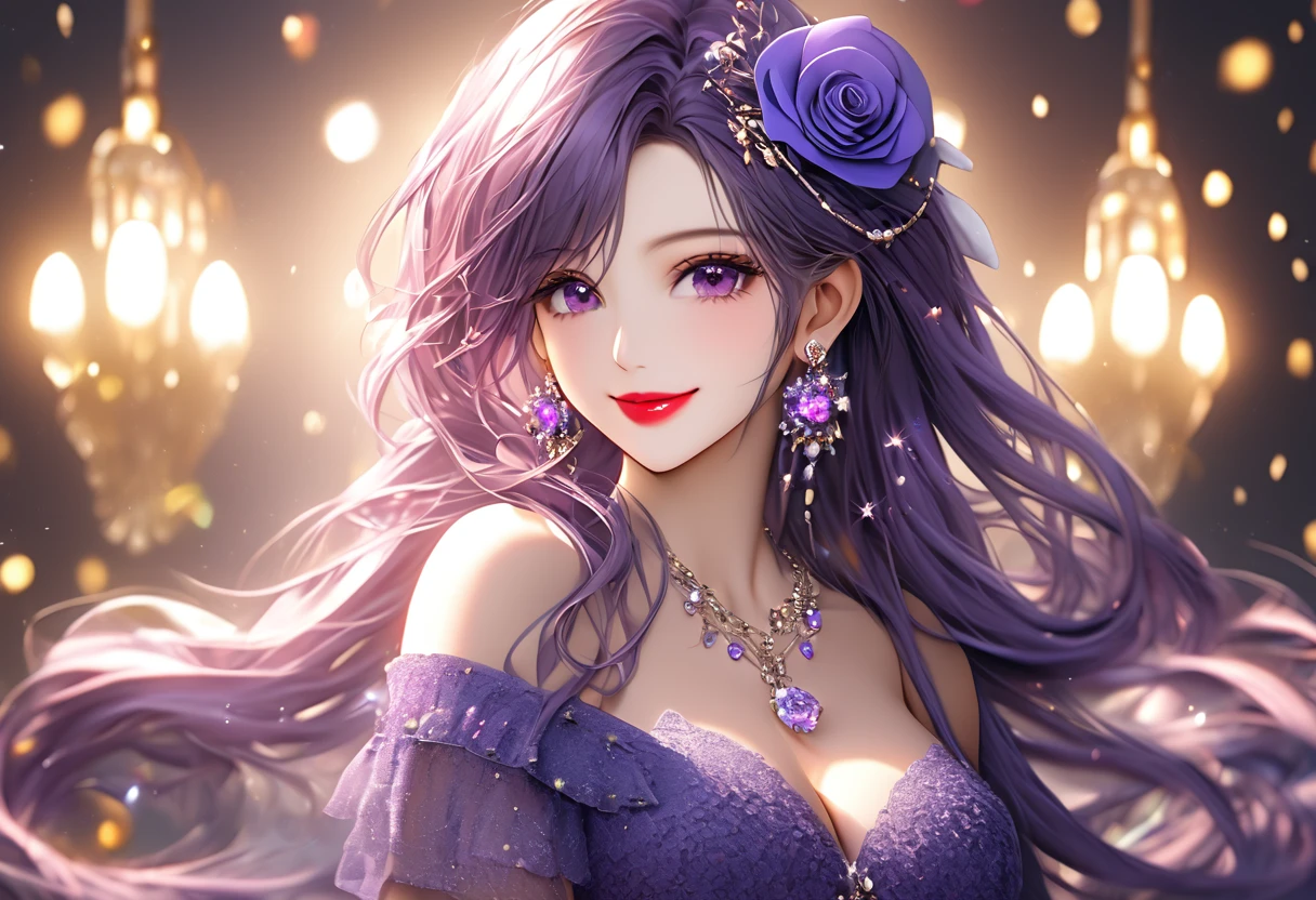 rating:safe, jewelry, 1girl, purple_hair, flower, earrings, hair_ornament, breasts, dress, cleavage, looking_at_viewer, long_hair, hair_flower, purple_dress, rose, smile, purple_eyes, necklace, red_lips, light_particles, lipstick, very detail, high quality, UHD, 8K