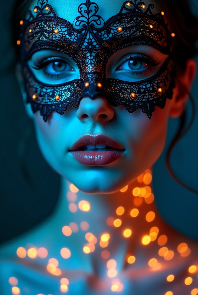 Close-up of a gorgeous sultry woman's face, focusing on her right side, wearing an ornate, intricate masquerade mask that covers her eyes and upper nose. The mask is detailed with lace-like patterns, embedded with small glowing lights and tiny luminescent filigree, primarily in blue and orange hues. The mask has an elaborate design that merges seamlessly with her skin, which is illuminated with bioluminescent patterns glowing in shades of blue and orange, covering her neck, shoulders, and chest. Her lips are slightly parted, showing a natural yet