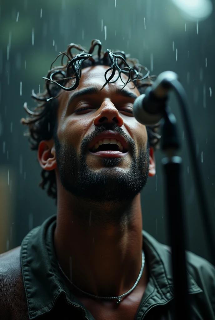 Gives a picture of a man singing in the rain 